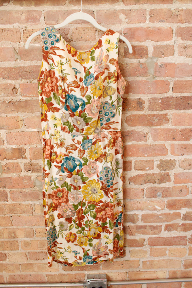 1950s Floral Linen Sheath Dress - Small