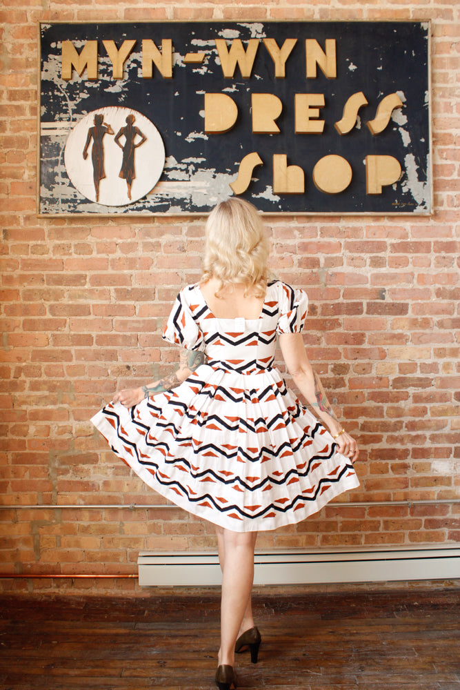 1950s Geometric Cotton Puff Sleeve Dress - Xs/S