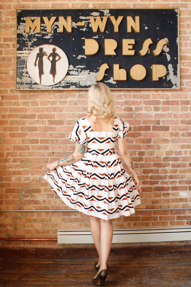1950s Geometric Cotton Puff Sleeve Dress - Xs/S