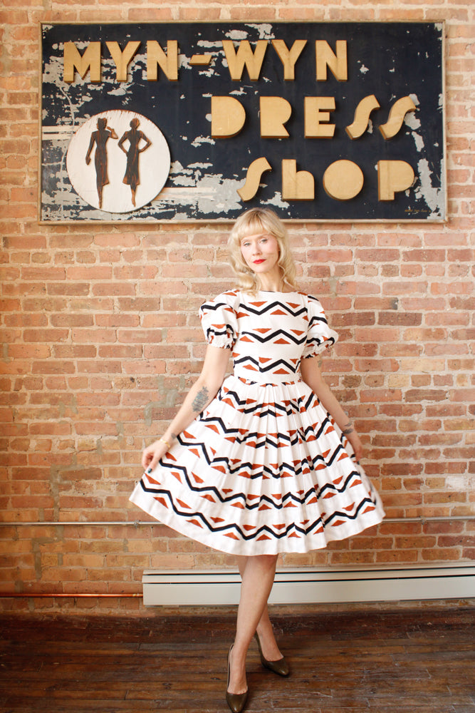 1950s Geometric Cotton Puff Sleeve Dress - Xs/S