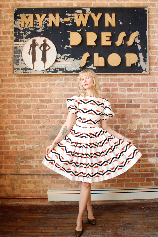 1950s Geometric Cotton Puff Sleeve Dress - Xs/S