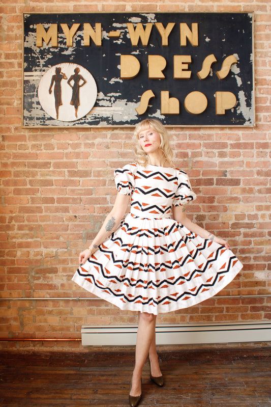 1950s Geometric Cotton Puff Sleeve Dress - Xs/S