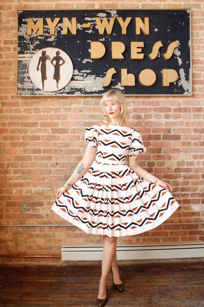1950s Geometric Cotton Puff Sleeve Dress - Xs/S