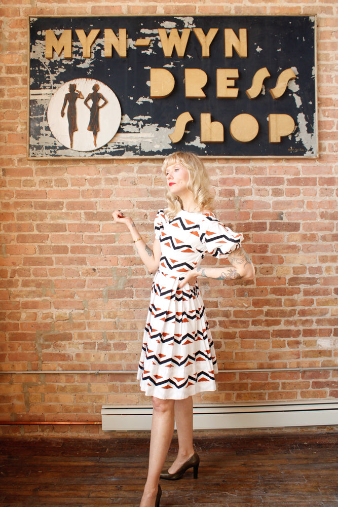 1950s Geometric Cotton Puff Sleeve Dress - Xs/S