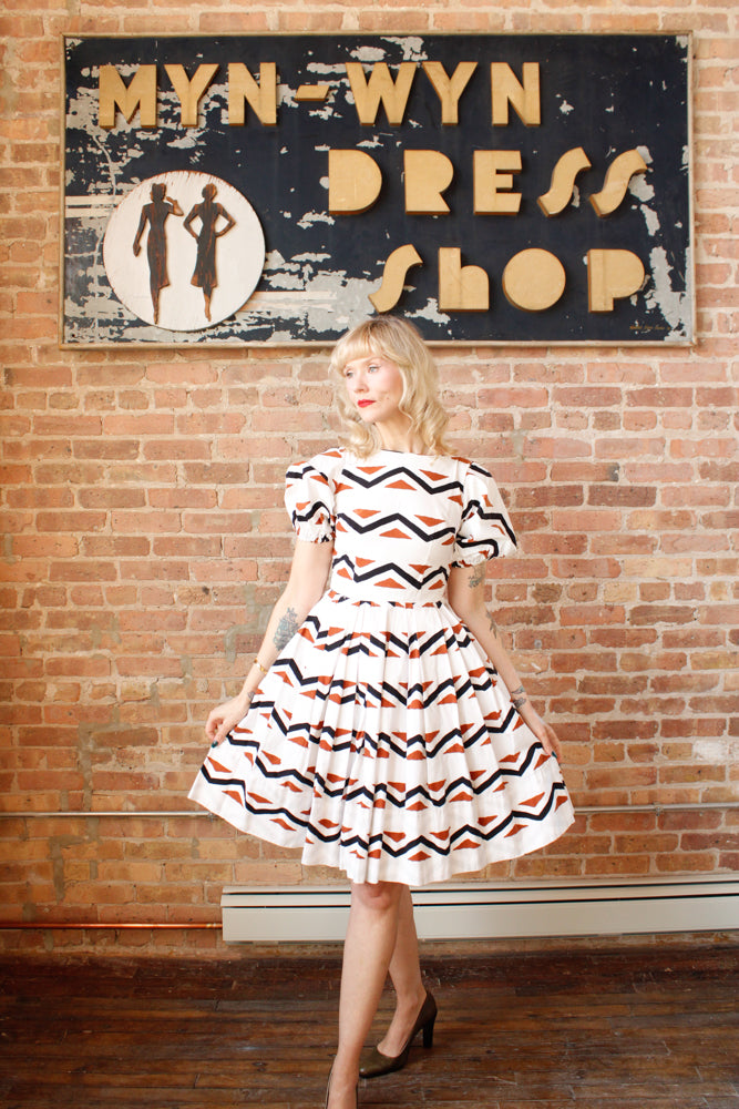 1950s Geometric Cotton Puff Sleeve Dress - Xs/S