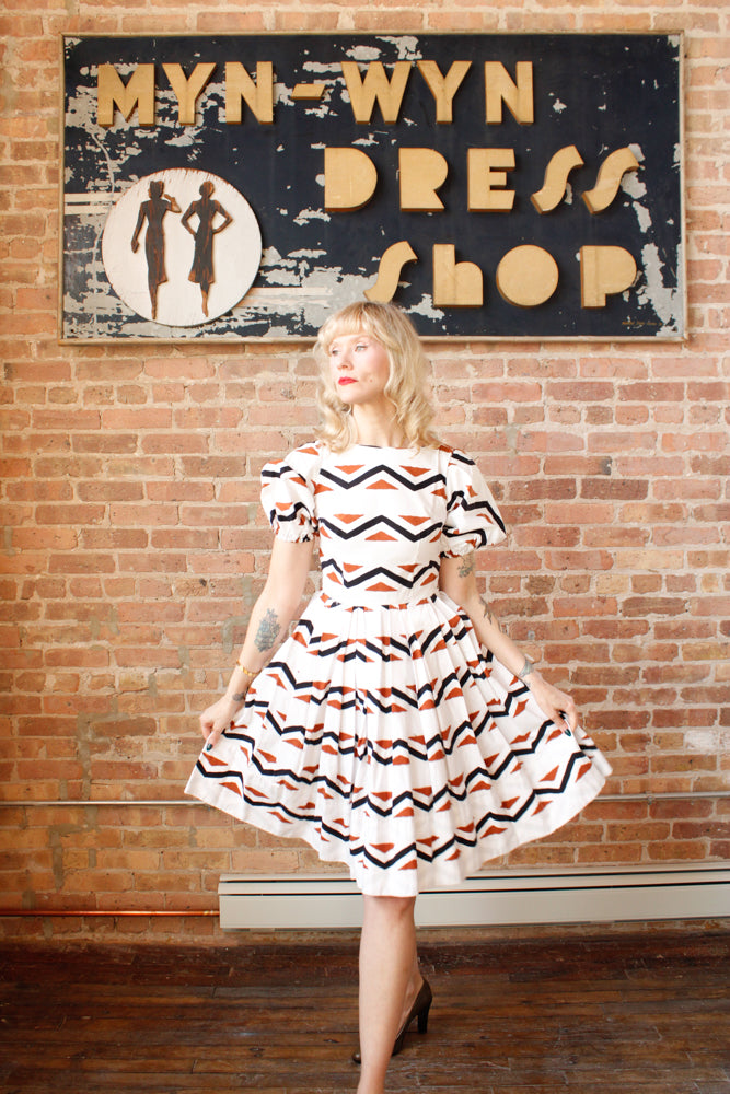 1950s Geometric Cotton Puff Sleeve Dress - Xs/S