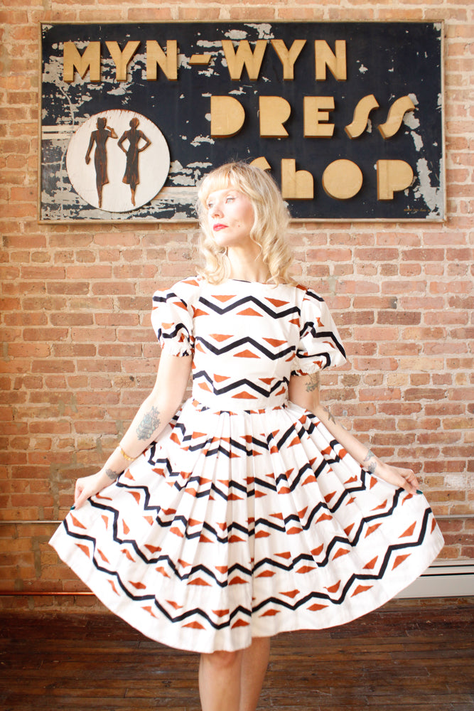 1950s Geometric Cotton Puff Sleeve Dress - Xs/S