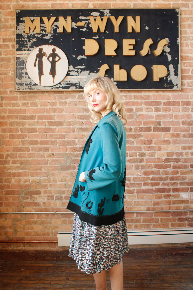 1940s Rare Turquoise & Black Wool Tourist Jacket - Medium