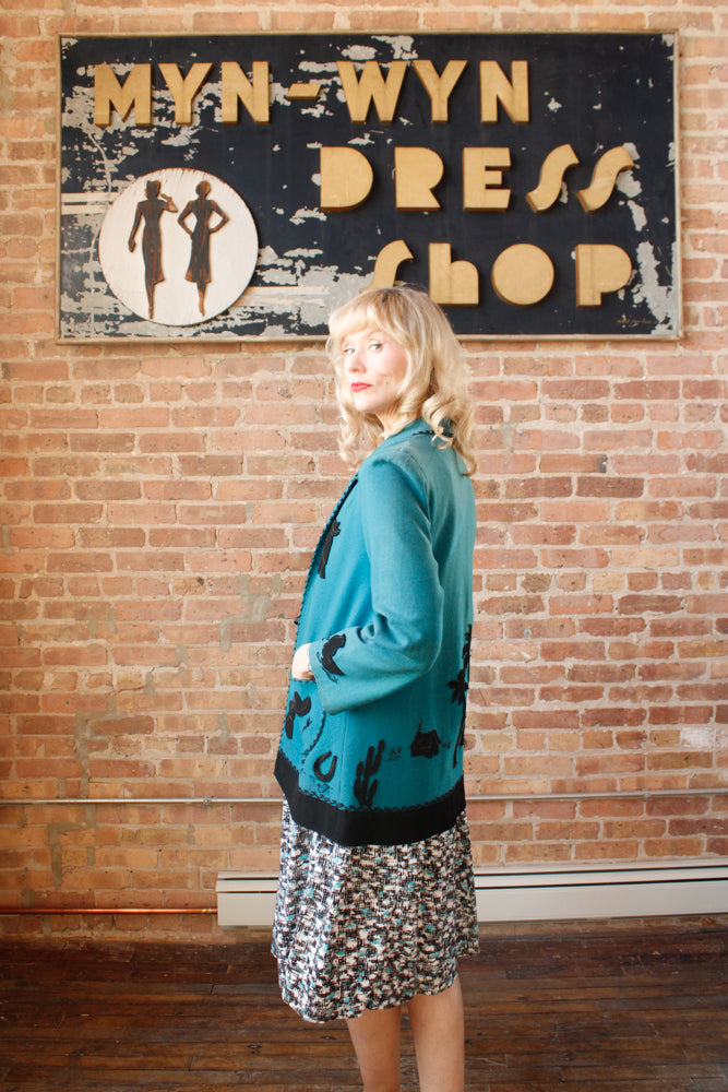 1940s Rare Turquoise & Black Wool Tourist Jacket - Medium