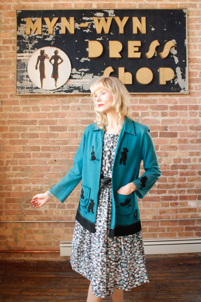 1940s Rare Turquoise & Black Wool Tourist Jacket - Medium
