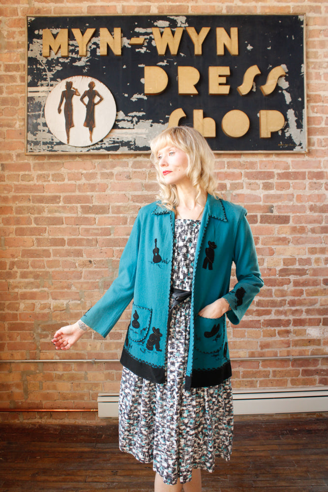 1940s Rare Turquoise & Black Wool Tourist Jacket - Medium