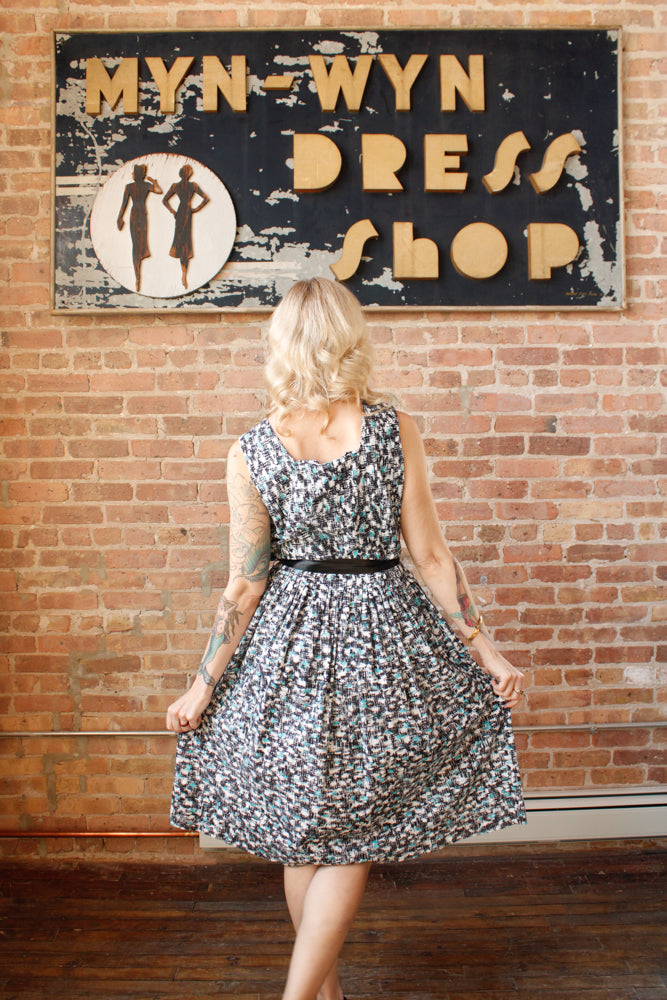 1950s Bill Sims Abstract Black & Turquoise Dress - Large