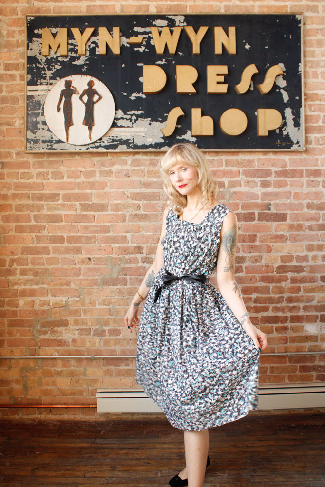 1950s Bill Sims Abstract Black & Turquoise Dress - Large