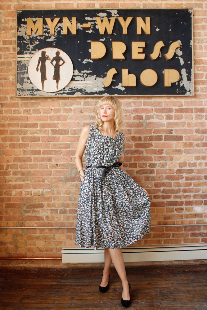 1950s Bill Sims Abstract Black & Turquoise Dress - Large