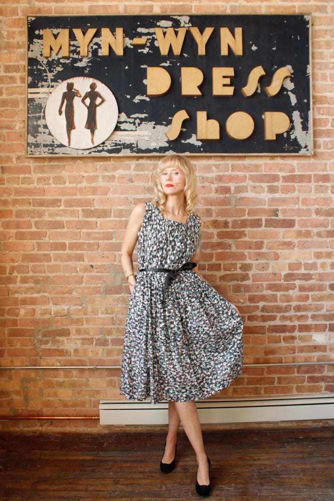 1950s Bill Sims Abstract Black & Turquoise Dress - Large