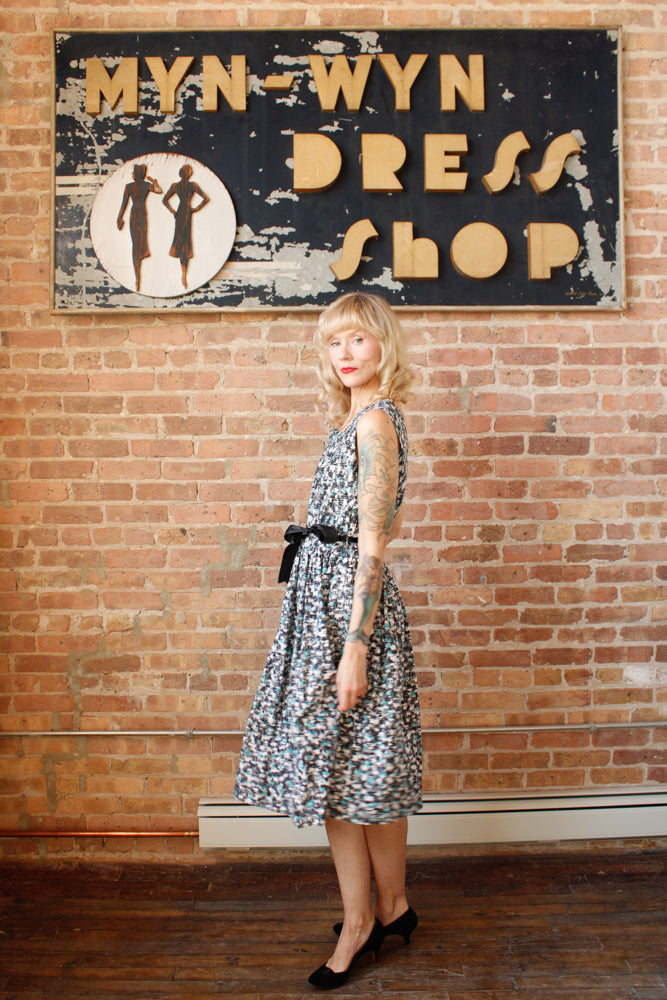 1950s Bill Sims Abstract Black & Turquoise Dress - Large