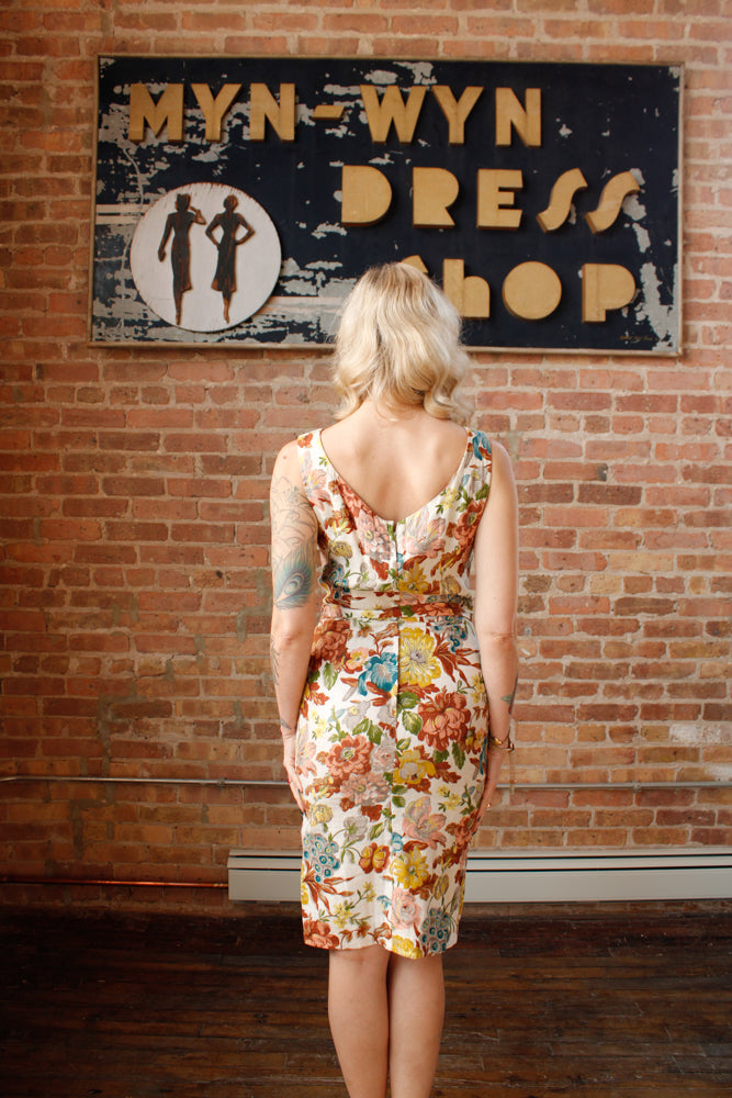 1950s Floral Linen Sheath Dress - Small