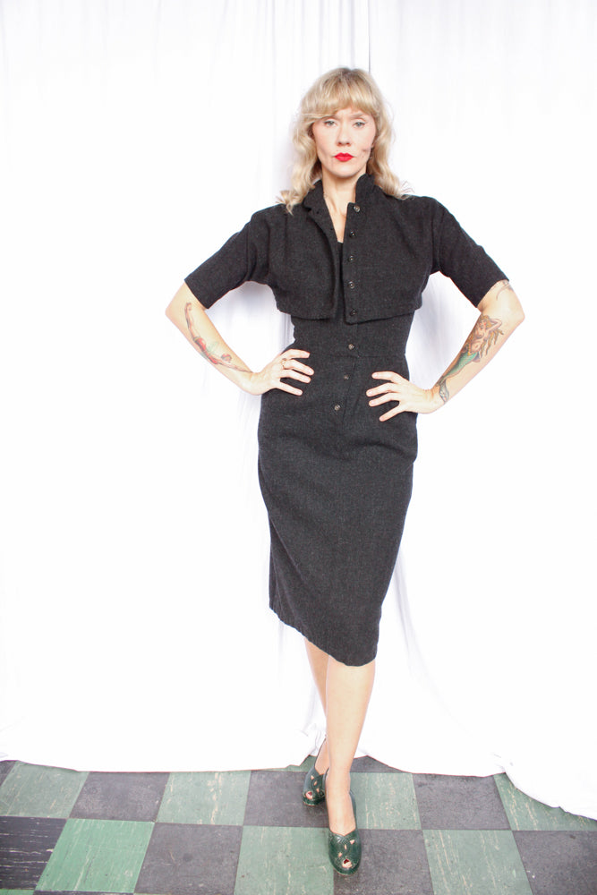 1950s Bombshell Charcoal Wool Dress & Bolero - Small