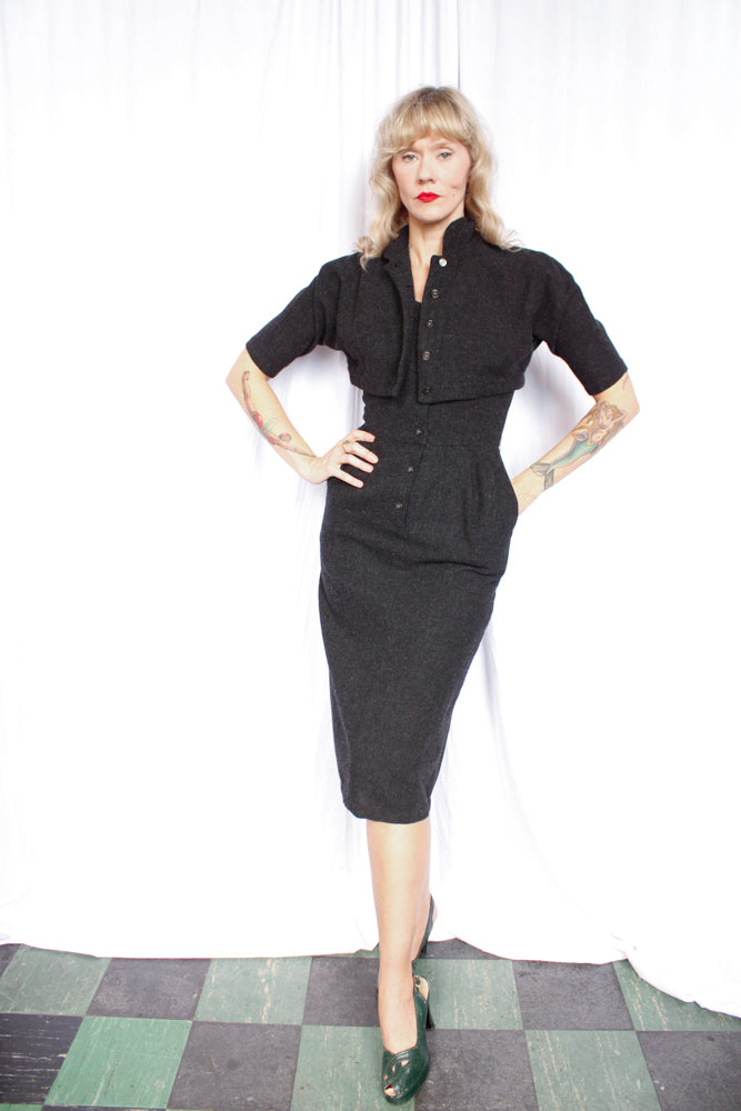 1950s Bombshell Charcoal Wool Dress & Bolero - Small