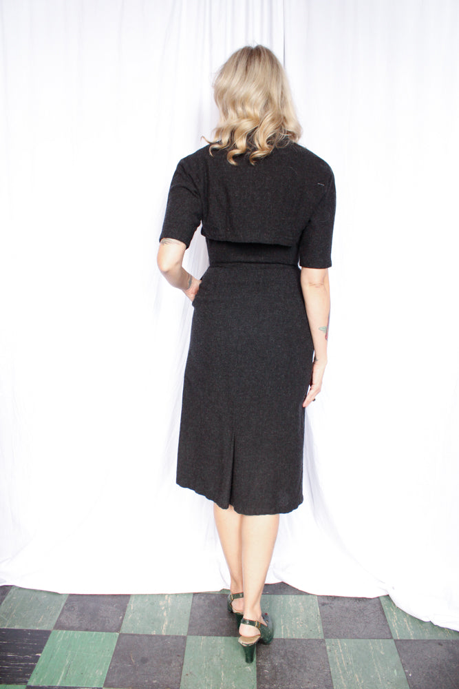 1950s Bombshell Charcoal Wool Dress & Bolero - Small