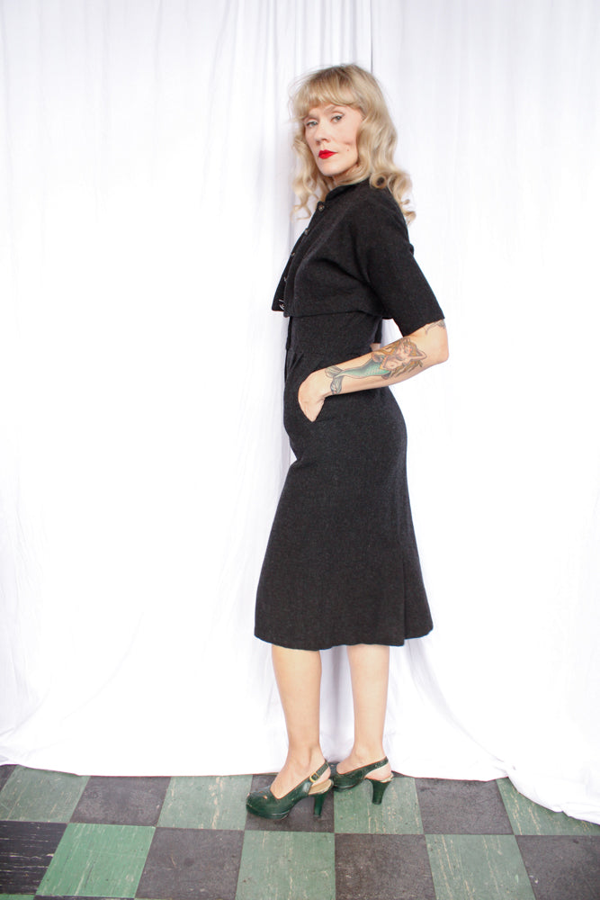 1950s Bombshell Charcoal Wool Dress & Bolero - Small