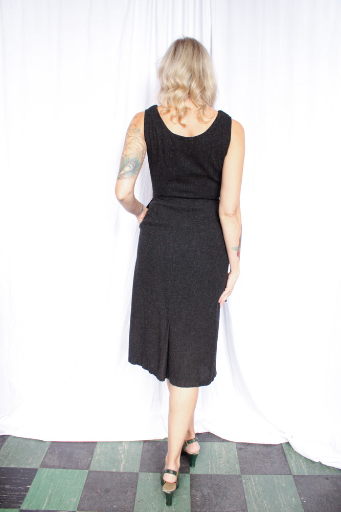 1950s Bombshell Charcoal Wool Dress & Bolero - Small