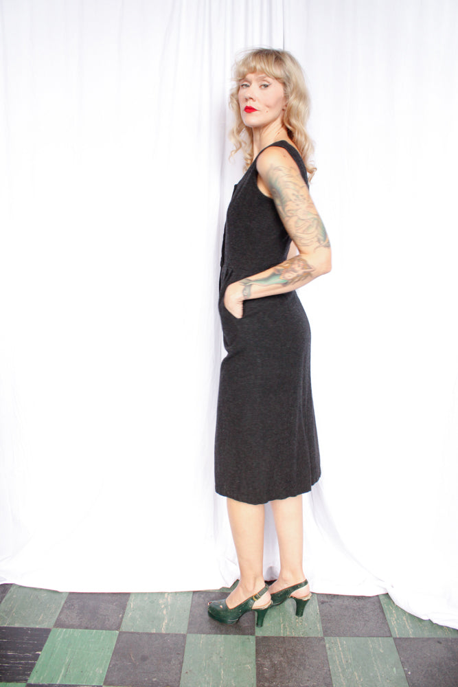 1950s Bombshell Charcoal Wool Dress & Bolero - Small