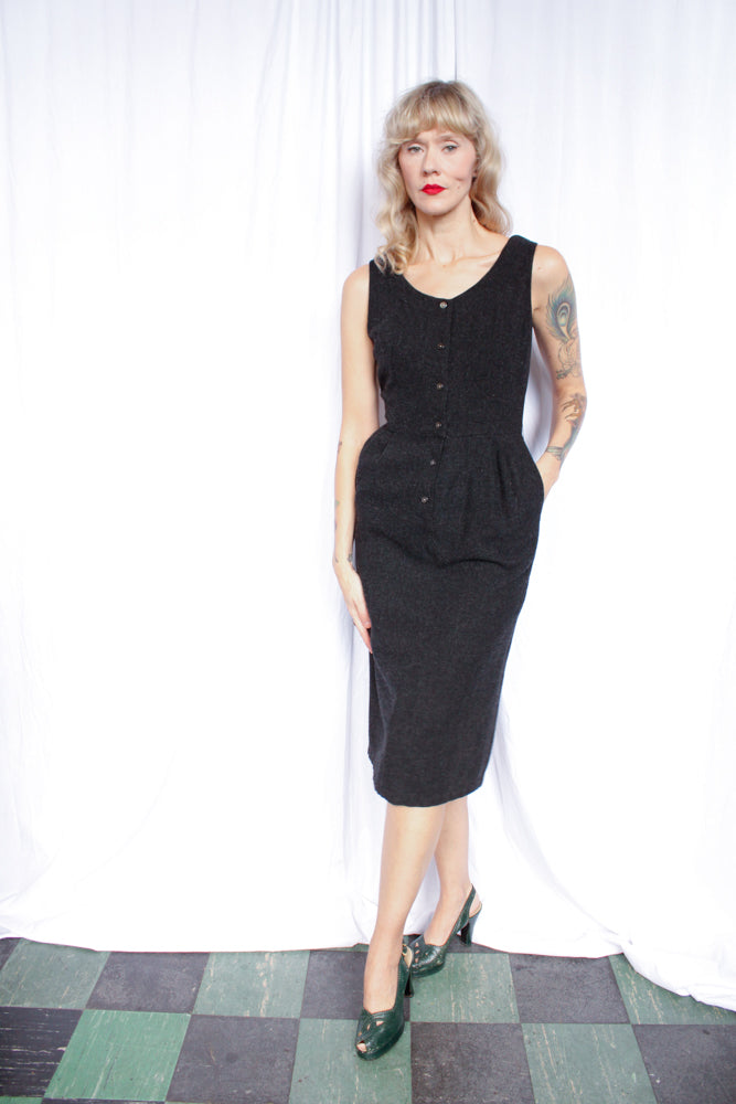 1950s Bombshell Charcoal Wool Dress & Bolero - Small
