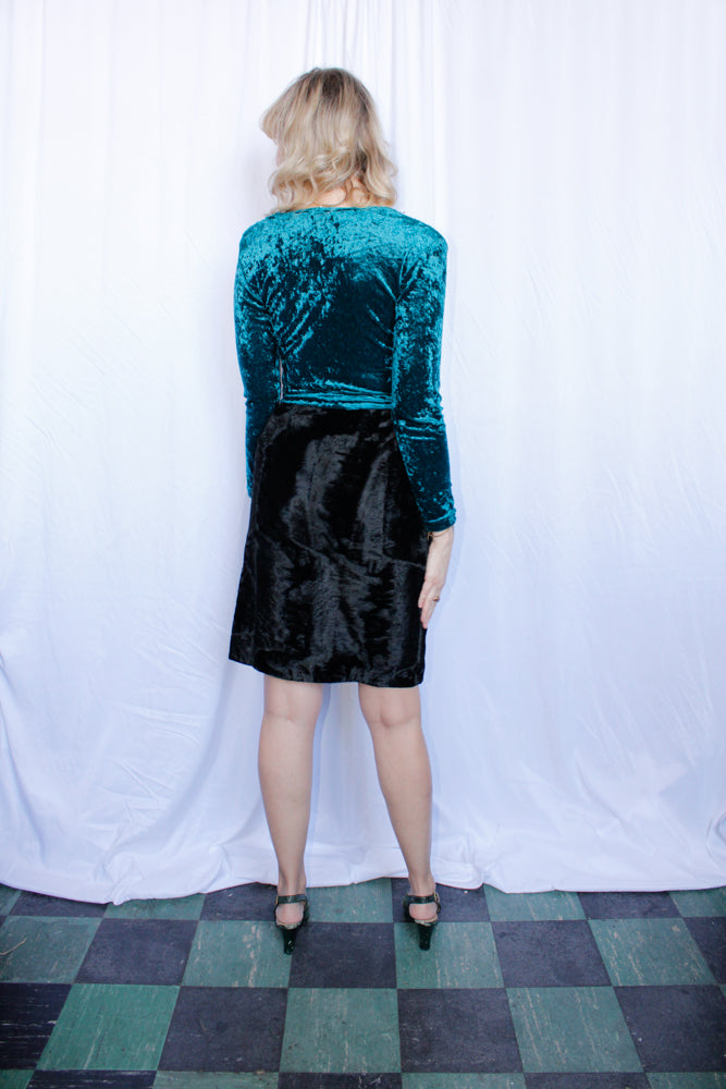 1990s Teal Ruched Velour Crop Top - M/L
