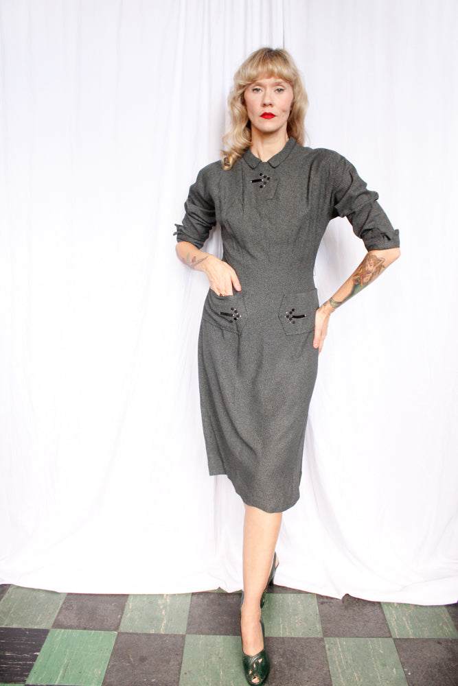 1950s This Way Gabardine Charcoal Dress - Medium