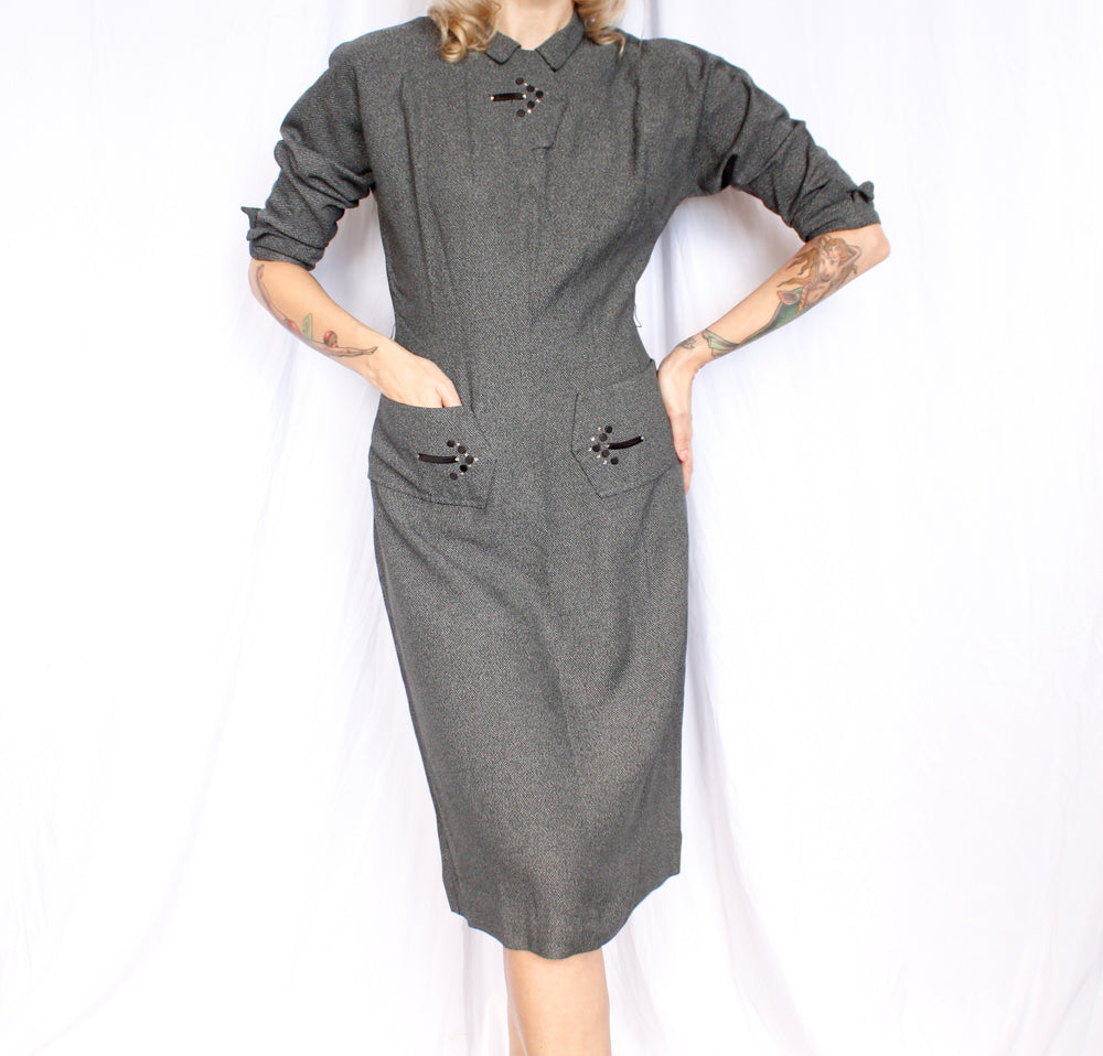 1950s This Way Gabardine Charcoal Dress - Medium