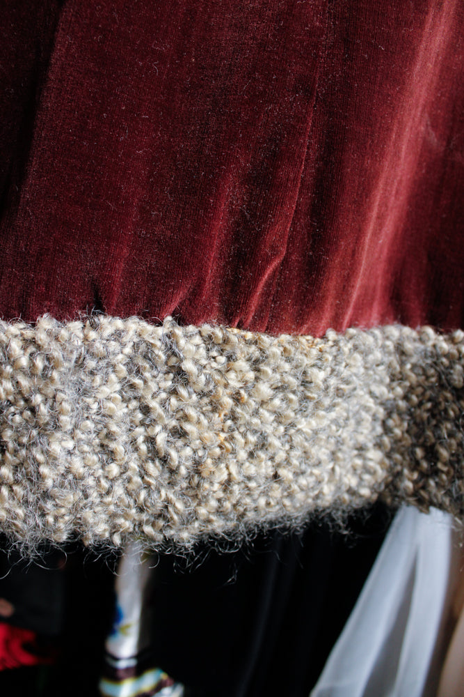 1930s Plum Velvet Belted Coat with Faux Persian Lamb Wool Trim - Small