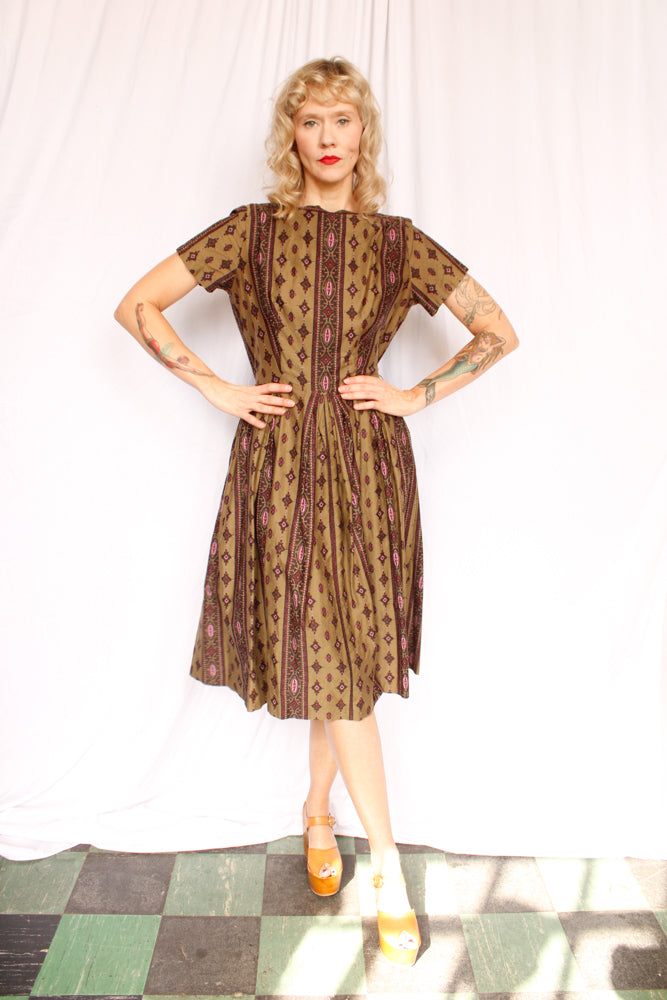 1950s Olive & Fig Cotton Dress - Medium