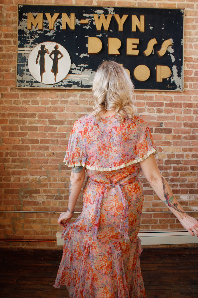 1920s Coral & Pink Silk Floral Dress - S/M