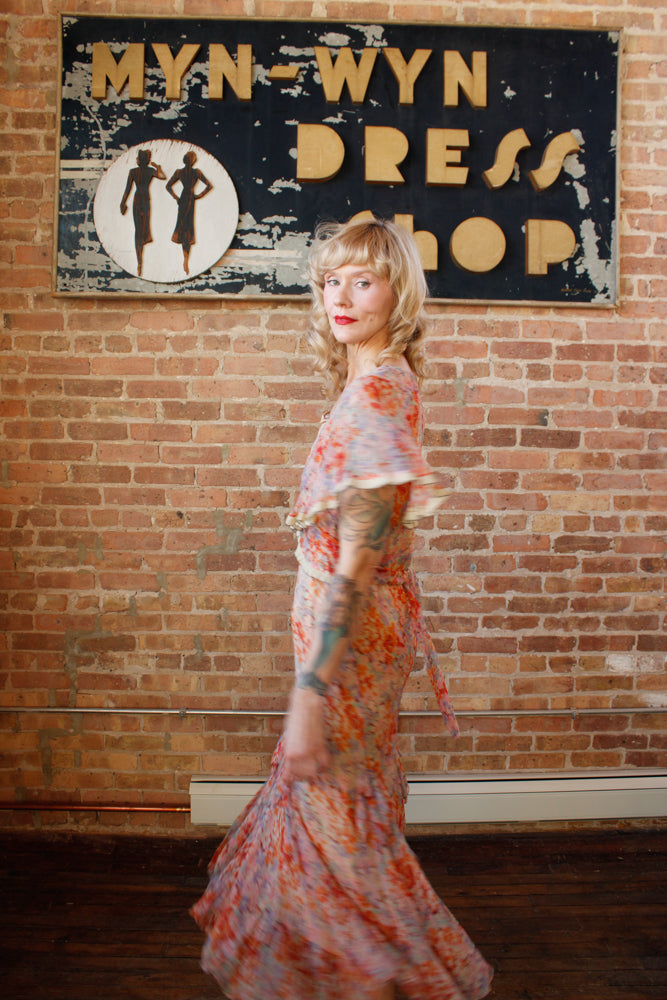 1920s Coral & Pink Silk Floral Dress - S/M