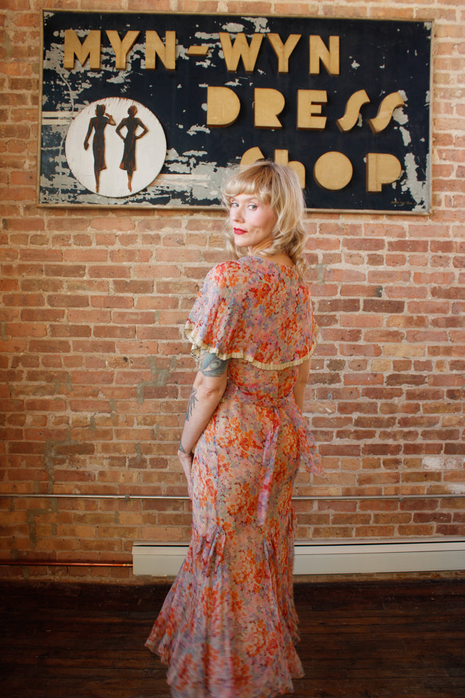 1920s Coral & Pink Silk Floral Dress - S/M