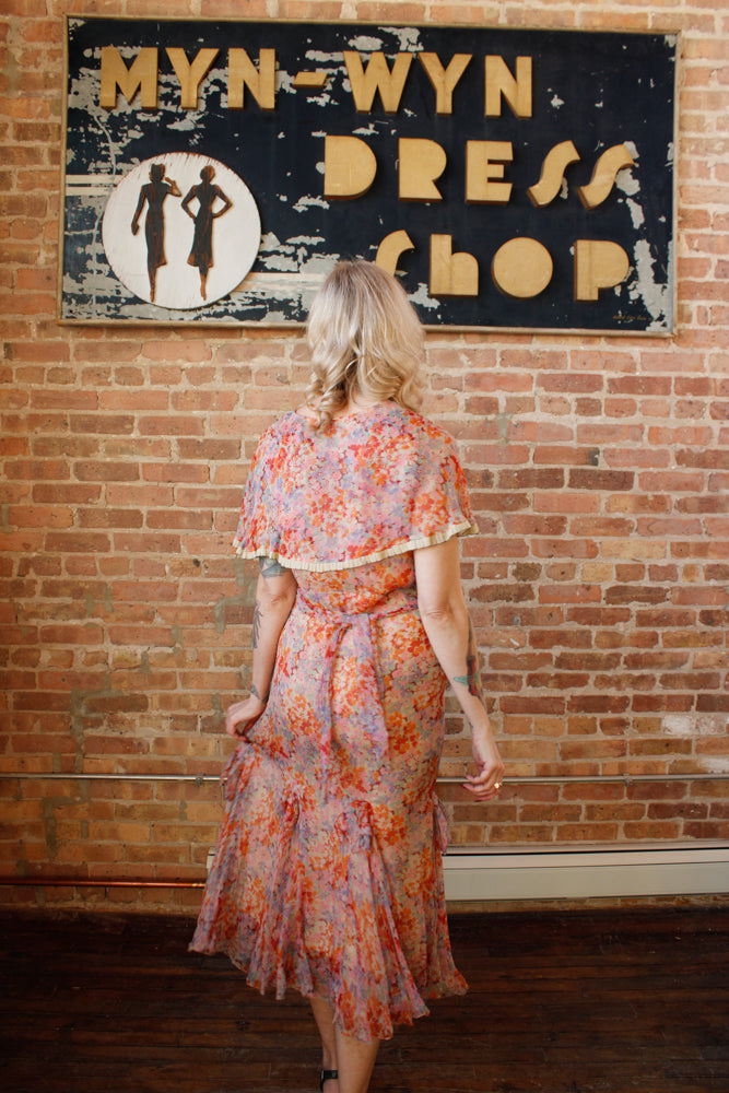 1920s Coral & Pink Silk Floral Dress - S/M