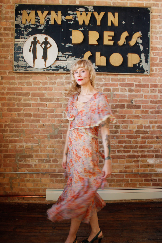 1920s Coral & Pink Silk Floral Dress - S/M