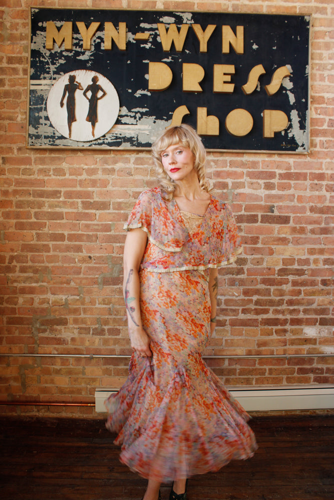 1920s Coral & Pink Silk Floral Dress - S/M