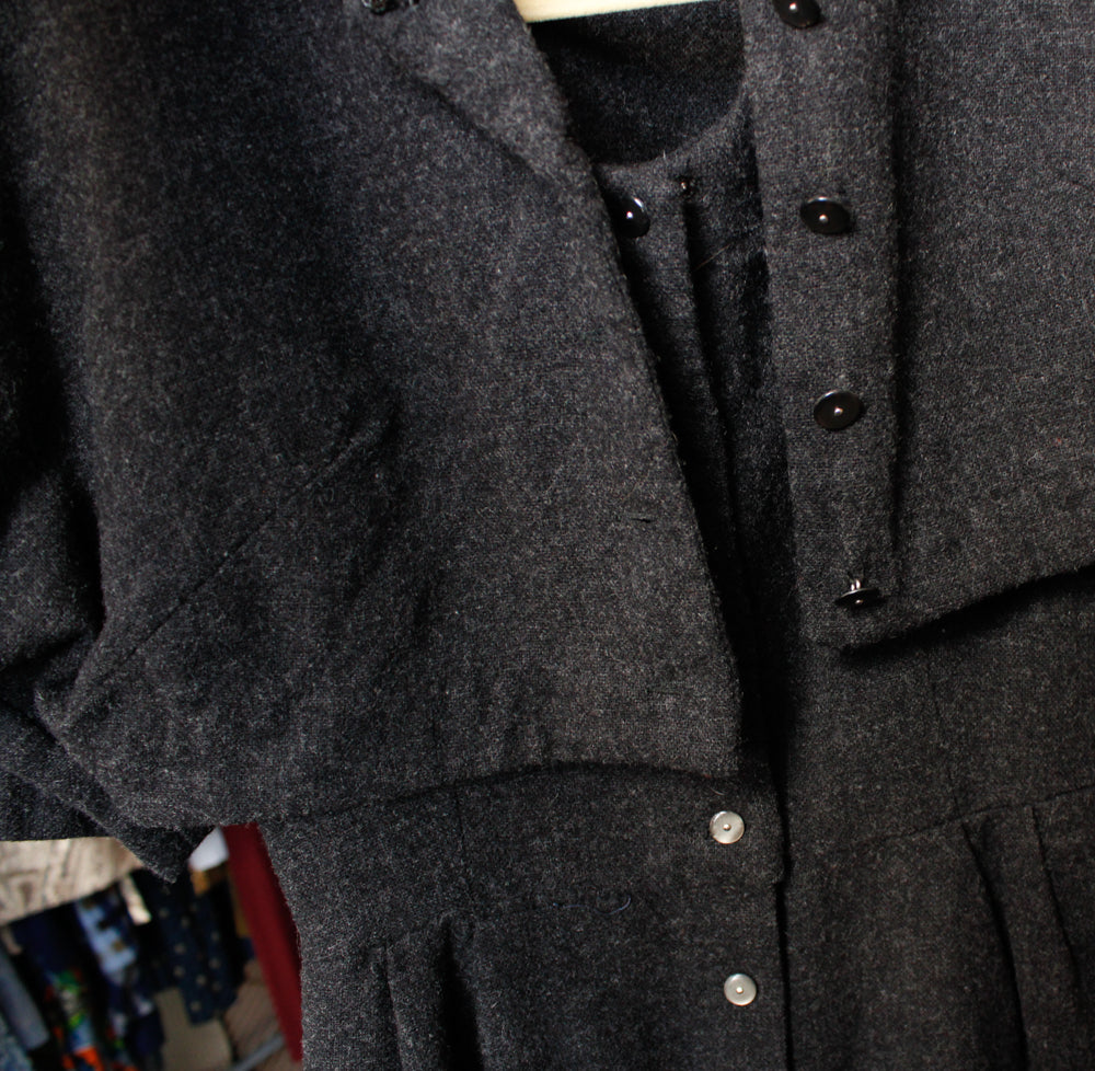 1950s Bombshell Charcoal Wool Dress & Bolero - Small
