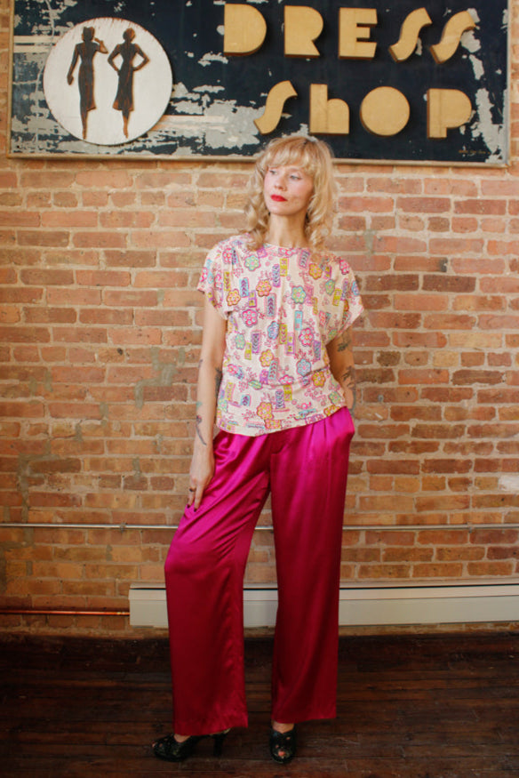 1940s Rayon Jersey Print Top - Large