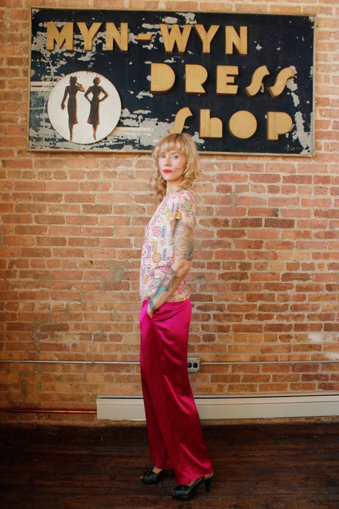 1940s Rayon Jersey Print Top - Large