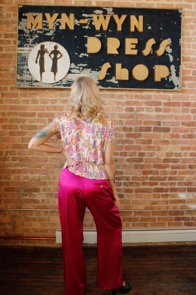 1940s Rayon Jersey Print Top - Large