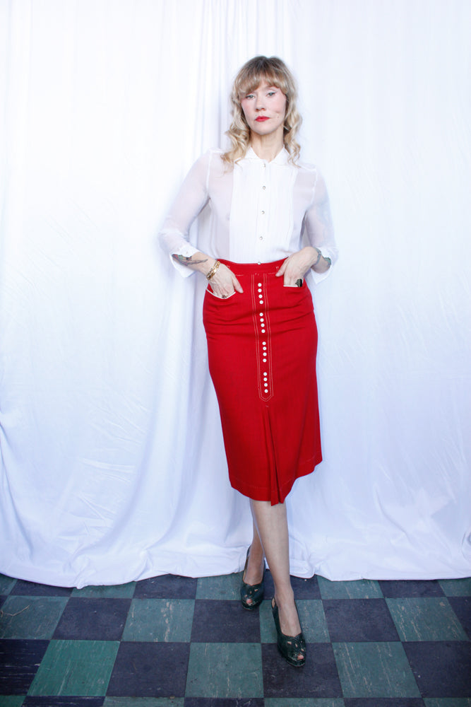 1950s Red Linen Bombshell Pencil Skirt - Xs