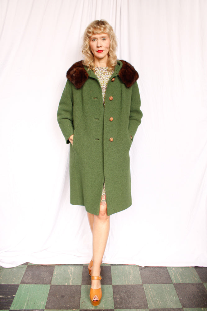 1960s Green Boucle Wool Coat - Medium
