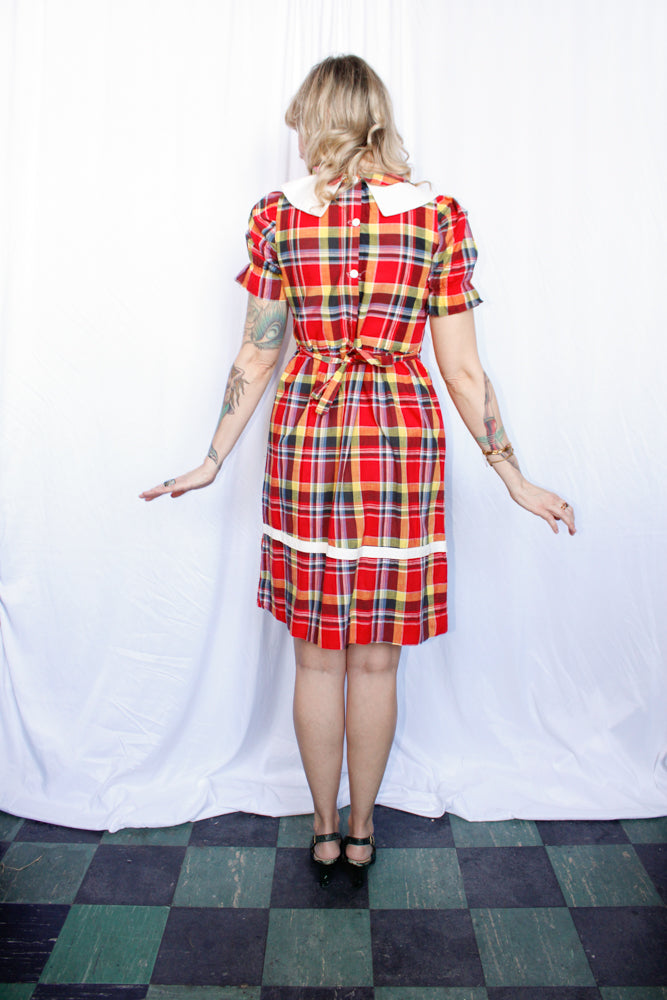 1940s Red Plaid Grammar Girl Dress - Small Petite