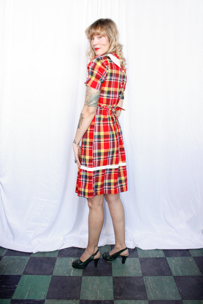 1940s Red Plaid Grammar Girl Dress - Small Petite