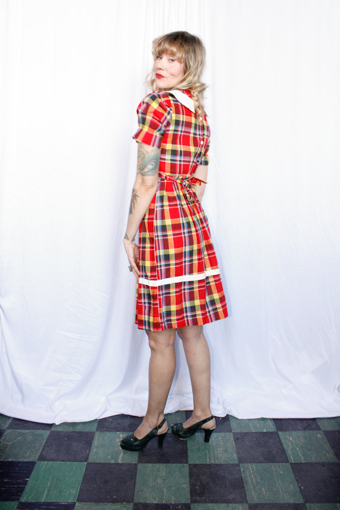 1940s Red Plaid Grammar Girl Dress - Small Petite