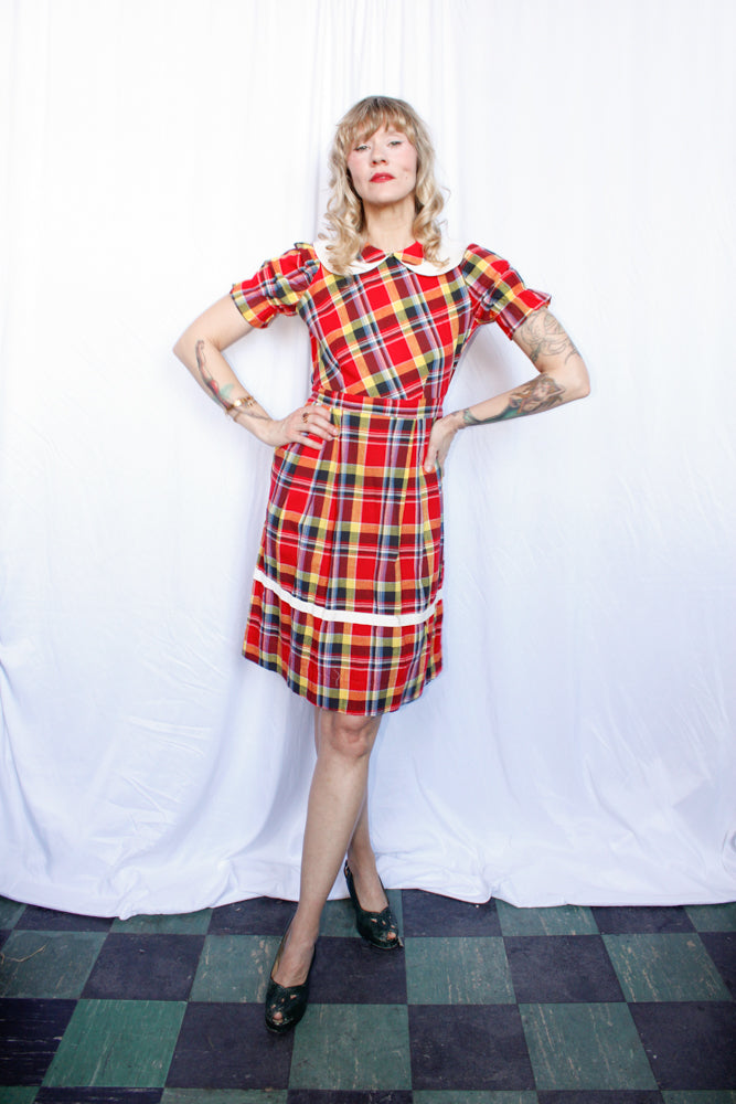 1940s Red Plaid Grammar Girl Dress - Small Petite