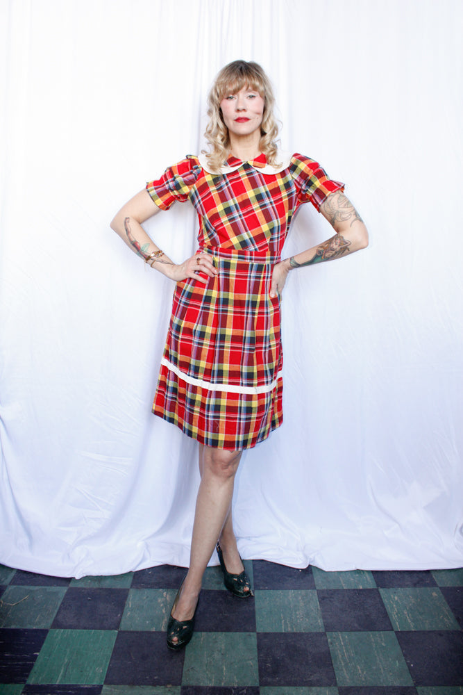 1940s Red Plaid Grammar Girl Dress - Small Petite